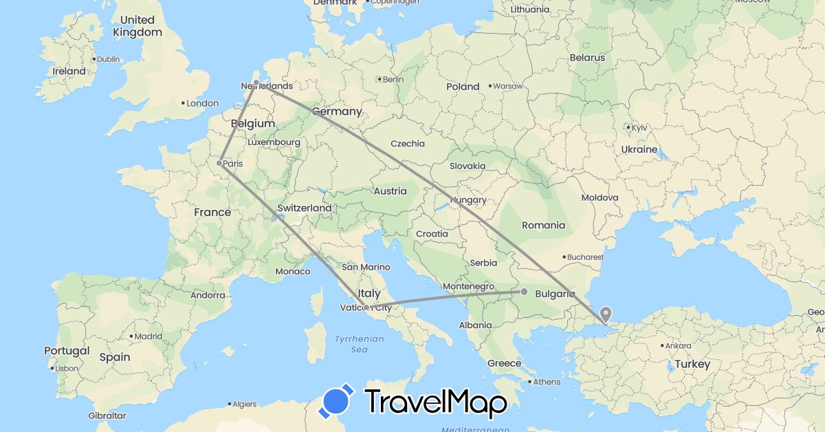 TravelMap itinerary: driving, plane in Bulgaria, France, Italy, Netherlands, Turkey (Asia, Europe)